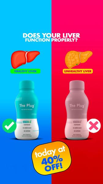 This creative uses a split-screen approach to contrast a healthy liver against an unhealthy one, positioning the product as the solution for proper liver function.